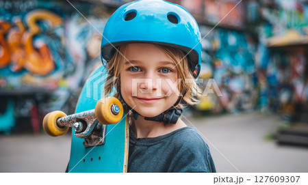 Child in protective helmet holding skateboard and standing at skate park 127609307