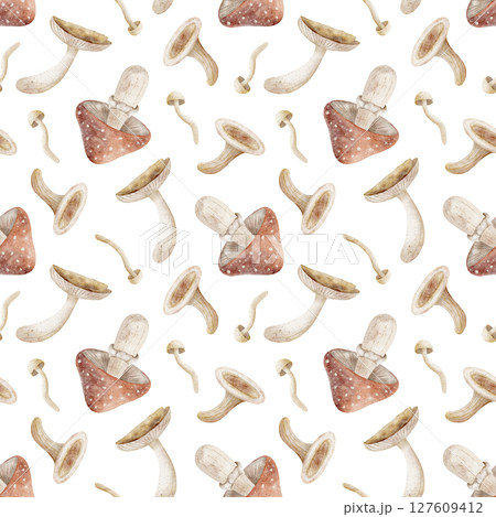 Pattern of watercolor mushrooms, fly agaric, toadstool. Illustration of autumn harvest is hand drawn. Seamless print on isolated background for design textiles, fabrics, wallpaper, packaging, clothes Pattern of watercolor mushrooms, fly agaric, toadstool. Illustration of autumn harvest is hand drawn. Seamless print on isolated background for design textiles, fabrics, wallpaper, packaging, clothes 127609412
