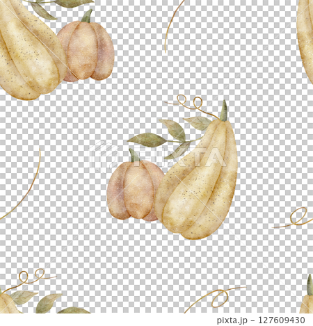 Autumn harvest pattern of pumpkin yellow, orange leaves, curls. Watercolor illustration vegetables hand drawn. Seamless print on isolated background for textiles, fabrics, wallpaper, packaging clothes 127609430