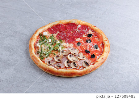 Mixed Topping Quarter Pizza with Pepperoni, Mushrooms, Olives and Greens Mixed Topping Quarter Pizza with Pepperoni, Mushrooms, Olives and Greens 127609485