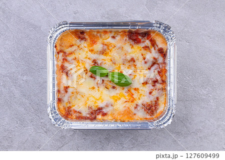 Creamy Baked Lasagna with Melted Cheese and Fresh Basil Creamy Baked Lasagna with Melted Cheese and Fresh Basil 127609499