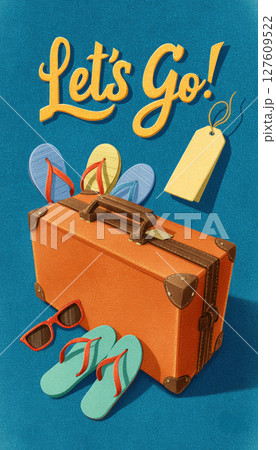Bright Travel-Themed Greeting Card with Suitcase and Accessories 127609522