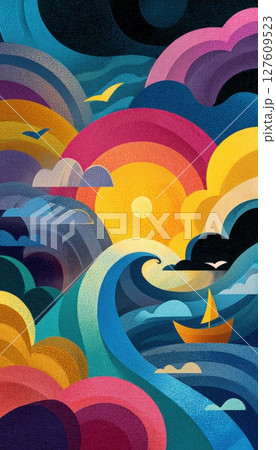 Colorful Abstract Illustration with Sun, Waves, Clouds, and Boat 127609523