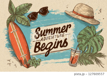 Stylized Summer Postcard with Surfboard, Sun Hat, and Tropical Drink 127609557