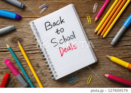 Back to School Deals Poster with Notebook and Stationery Items 127609579