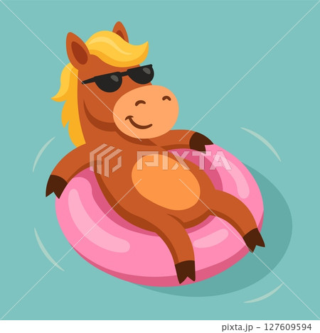 Cute cartoon horse with pink inflatable donut, wearing sunglasses, summer holiday flat style animal illustration with tropical vacation vibe Cute cartoon horse with pink inflatable donut, wearing sunglasses, summer holiday flat style animal illustration with tropical vacation vibe 127609594
