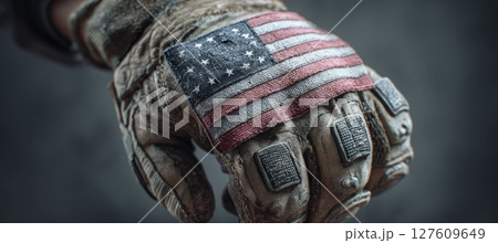 Military Glove Holding US Flag on Muted Background Photorealistic Tribute 127609649