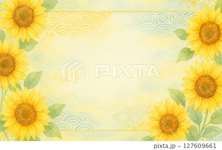 水彩風ひまわりと和柄の背景フレーム|夏のご挨拶やメッセージカードに最適な爽やかデザイン 水彩風ひまわりと和柄の背景フレーム|夏のご挨拶やメッセージカードに最適な爽やかデザイン 127609661