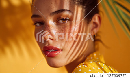 beautiful girl with freckles in a yellow dress with a palm leaf background with hard shadows from the sun 127609772