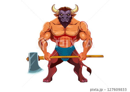 Minotaur with a big axe from greek mythology, angry bull, Minotaur the Mythical Ancient Creature, Fantastic mythological creature, Ancient Greek monster Minotaur, Half man half bull 127609833