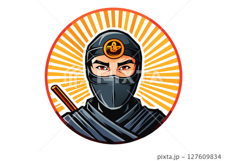 Portrait head male warrior ninja - assassin - with a black mask on his face covering his face 127609834