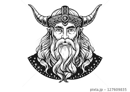 Black and white portrait of God Odin - Norse Mythology Art Antique Style, Odin, Norse God of Wisdom, A majestic illustration of Odin, the chief god in Norse mythology, depicted with his long beard 127609835