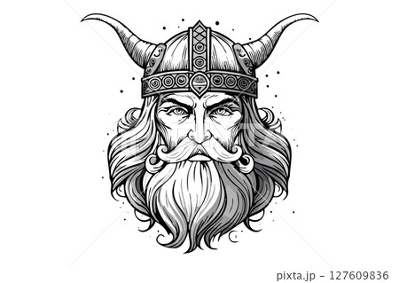 Black and white portrait of God Odin - Norse Mythology Art Antique Style, Odin, Norse God of Wisdom, A majestic illustration of Odin, the chief god in Norse mythology, depicted with his long beard 127609836