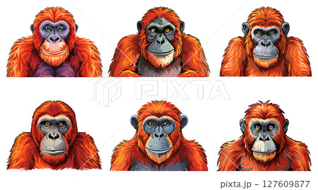 Bornean orangutan (Pongo pygmaeus) Wild orangutan primate head face vector illustration, orangutan monkey ape, set 127609877