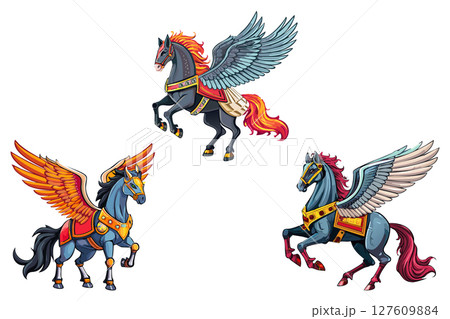 Flying pegasus, Cartoon mythical horse with wings, magical horses running, fairy unicorn animal fairytale creature, pegasus winged horse greek mythology, mythical creature of armored pegasus 127609884