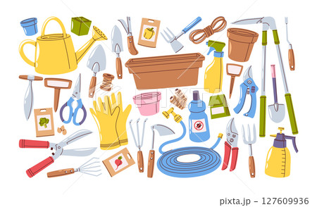 Gardening tools and farm equipment hand drawn design elements set isolated on white background 127609936