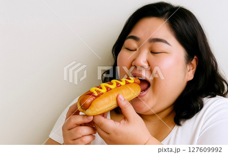 ホットドッグをおいしそうに食べるぽっちゃり女性｜食欲・幸せな食事・ダイエットとの対比イメージ 127609992