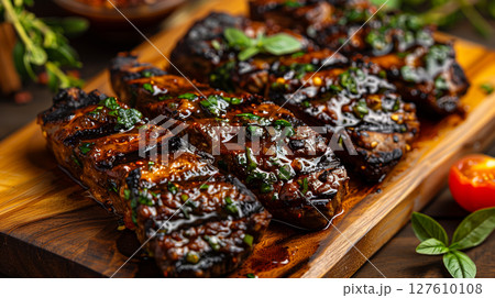 A plate of delicious grilled meat with a sauce and herbs on a wooden cutting board 127610108