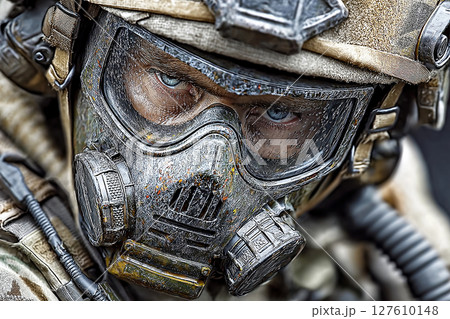 A close-up portrait image of a soldier in a gas mask 127610148