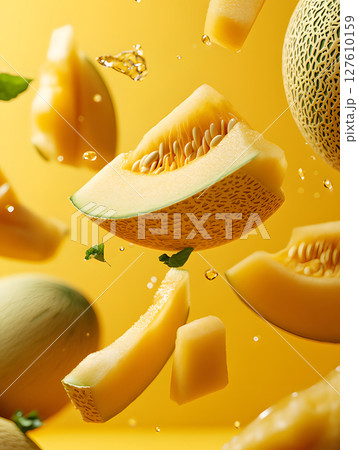 Yellow melon on yellow background. Wallpaper with fruit slices. Still life for design. front view 127610159