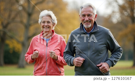 elderly couple jogging in park elderly couple jogging in park 127610167