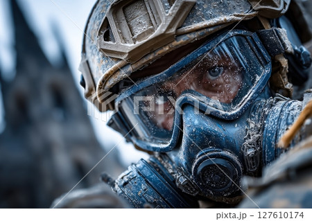 A close-up portrait image of a soldier in a gas mask 127610174