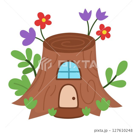 Vector little dwarf house shaped as tree stump. Tiny gnome home clipart. Fantasy forest or woodland cottage illustration. Magic fairytale dwelling icon isolated on white background Vector little dwarf house shaped as tree stump. Tiny gnome home clipart. Fantasy forest or woodland cottage illustration. Magic fairytale dwelling icon isolated on white background 127610248