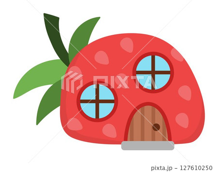 Vector little dwarf house shaped as strawberry. Tiny gnome home clipart. Fantasy forest or woodland cottage illustration. Magic fairytale dwelling icon isolated on white background Vector little dwarf house shaped as strawberry. Tiny gnome home clipart. Fantasy forest or woodland cottage illustration. Magic fairytale dwelling icon isolated on white background 127610250