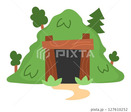 Vector green hill with door. Dwarf mine entrance illustration. Gnome mining cave clipart. Fantasy forest or woodland mountain illustration. Magic fairytale icon isolated on white background 127610252