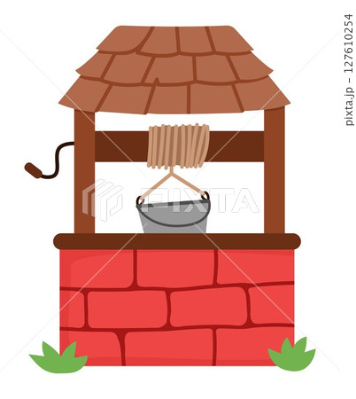 Vector cartoon well with bucket. Fairytale or ancient world red brick water pit icon with tile roof. Medieval shaft illustration isolated on white background Vector cartoon well with bucket. Fairytale or ancient world red brick water pit icon with tile roof. Medieval shaft illustration isolated on white background 127610254