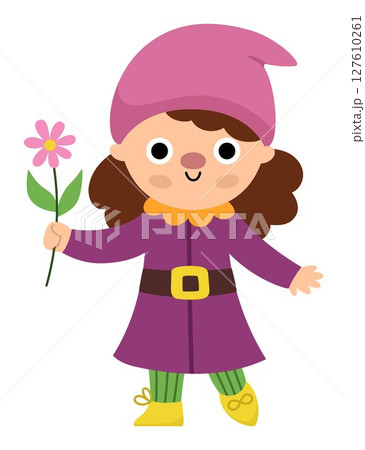 Vector girl dwarf icon. Magic creature clipart. Cute fairytale character. Woodland fantasy female garden gnome going with shovel. Forest fairy tale illustration isolated on white background 127610261