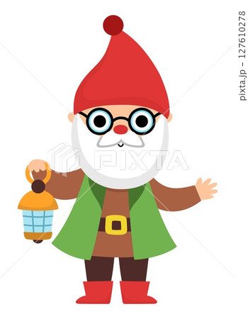 Vector dwarf icon. Magic creature clipart. Cute fairytale character. Woodland fantasy old gnome with lamp, white beard. Forest fairy tale illustration isolated on white background Vector dwarf icon. Magic creature clipart. Cute fairytale character. Woodland fantasy old gnome with lamp, white beard. Forest fairy tale illustration isolated on white background 127610278