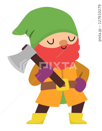 Vector dwarf icon. Magic creature clipart. Cute fairytale character. Woodland fantasy gnome with ax, beard. Forest fairy tale illustration isolated on white background Vector dwarf icon. Magic creature clipart. Cute fairytale character. Woodland fantasy gnome with ax, beard. Forest fairy tale illustration isolated on white background 127610279