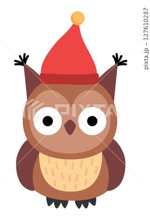 Vector owl icon. Magic creature clipart. Cute fairytale character. Woodland fantasy animal or bird with red hat on head. Forest fairy tale illustration isolated on white background 127610287