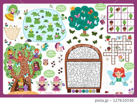 Vector fairyland placemat. Woodland fairy printable activity mat with maze, crossword puzzle, shadow match, find difference. Cute fairytale play mat, menu, kids magazine spreadsheet Vector fairyland placemat. Woodland fairy printable activity mat with maze, crossword puzzle, shadow match, find difference. Cute fairytale play mat, menu, kids magazine spreadsheet 127610330