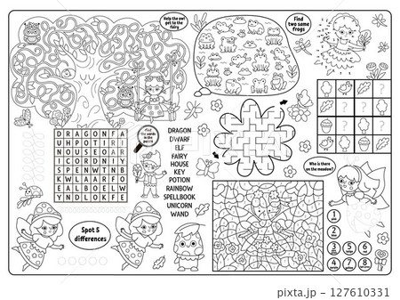 Vector black and white fairyland placemat. Woodland fairy line printable activity mat with maze, wordsearch puzzle, shadow match, find difference. Cute fairytale play mat, coloring page 127610331