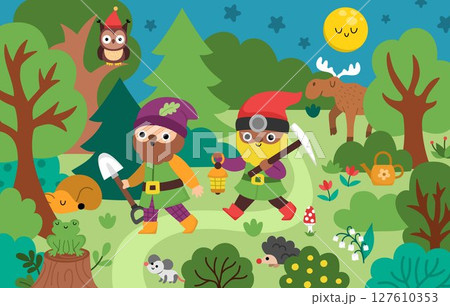 Vector horizontal scene with dwarfs going through night forest with shovel and lantern. Cute gnome country landscape. Woodland, fantasy forest background with tree, owl, sleeping animals 127610353
