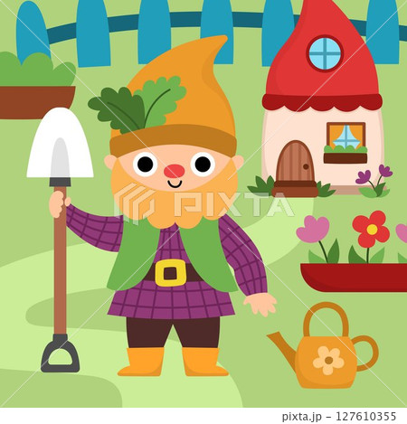 Vector square scene with garden dwarf with shovel, watering can, flower bed, little house. Cute landscape with gnome gardener. Woodland, fantasy forest background with magic creature 127610355