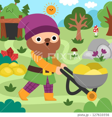 Vector square scene with dwarf with wheelbarrow with gold, mine pit cave entrance, treasure. Cute landscape with gnome miner. Woodland, fantasy forest background with magic creature Vector square scene with dwarf with wheelbarrow with gold, mine pit cave entrance, treasure. Cute landscape with gnome miner. Woodland, fantasy forest background with magic creature 127610356