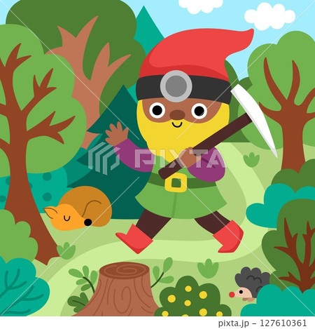 Vector square scene with dwarf going through the forest with pickaxe, waving hand. Cute gnome country landscape. Woodland, fantasy forest background with trees and animals 127610361