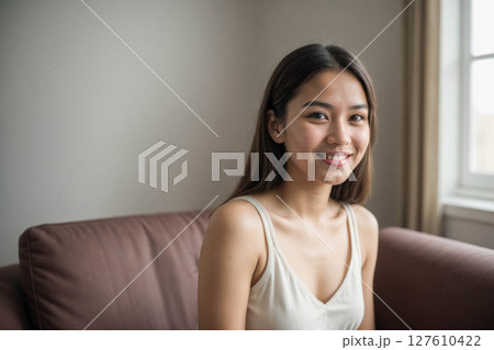 Smiling Young Woman in Cozy Indoor Setting 127610422