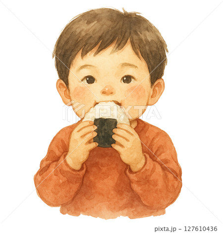 おにぎりを頬張る男の子の水彩イラスト｜可愛い幼児の食事シーン 127610436