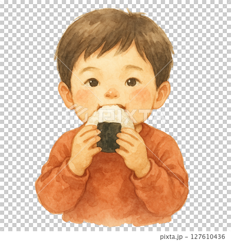 おにぎりを頬張る男の子の水彩イラスト｜可愛い幼児の食事シーン 127610436