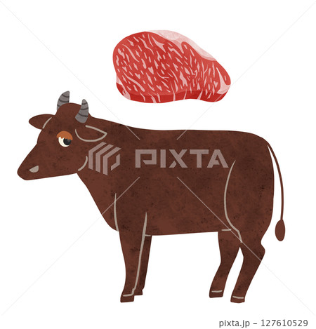肉牛と霜降りの牛肉 水彩風手描きイラスト 肉牛と霜降りの牛肉 水彩風手描きイラスト 127610529