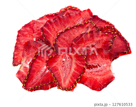 Dried strawberry slices isolated on white background. Dehydrated strawberries chips. Clipping path. 127610533