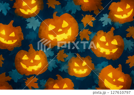 ブルーパンプキンと紅葉が彩るテクスチャハロウィン背景 ― 広告バナーに最適 127610797