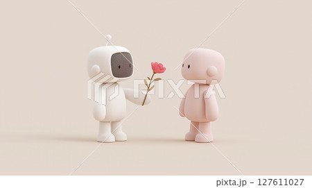 AIロボットが人間に恋をするイメージ 3Dクレイ風ロボットが花を差し出す可愛いイラスト 127611027