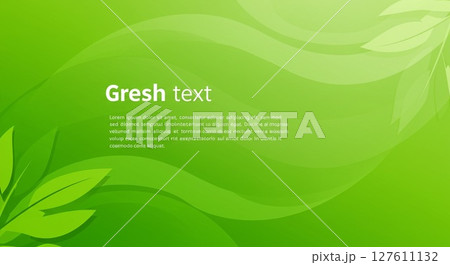 鮮やかなグリーンの背景に流れるような曲線と葉のデザイン 127611132
