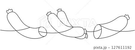 Frankfurters sausages, fresh pork sausages one line continuous drawing. Butcher shop meat. Vector illustration. Frankfurters sausages, fresh pork sausages one line continuous drawing. Butcher shop meat. Vector illustration. 127611192