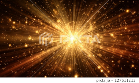 黄金色の光線 爆発的な輝きと粒子の背景素材 127611213